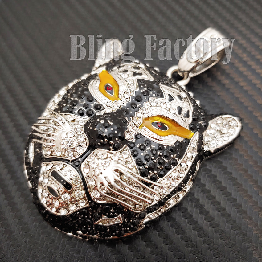 Hip Hop Silver PT Tiger Pendant & 18" Full Iced Cuban Choker Chain Necklace