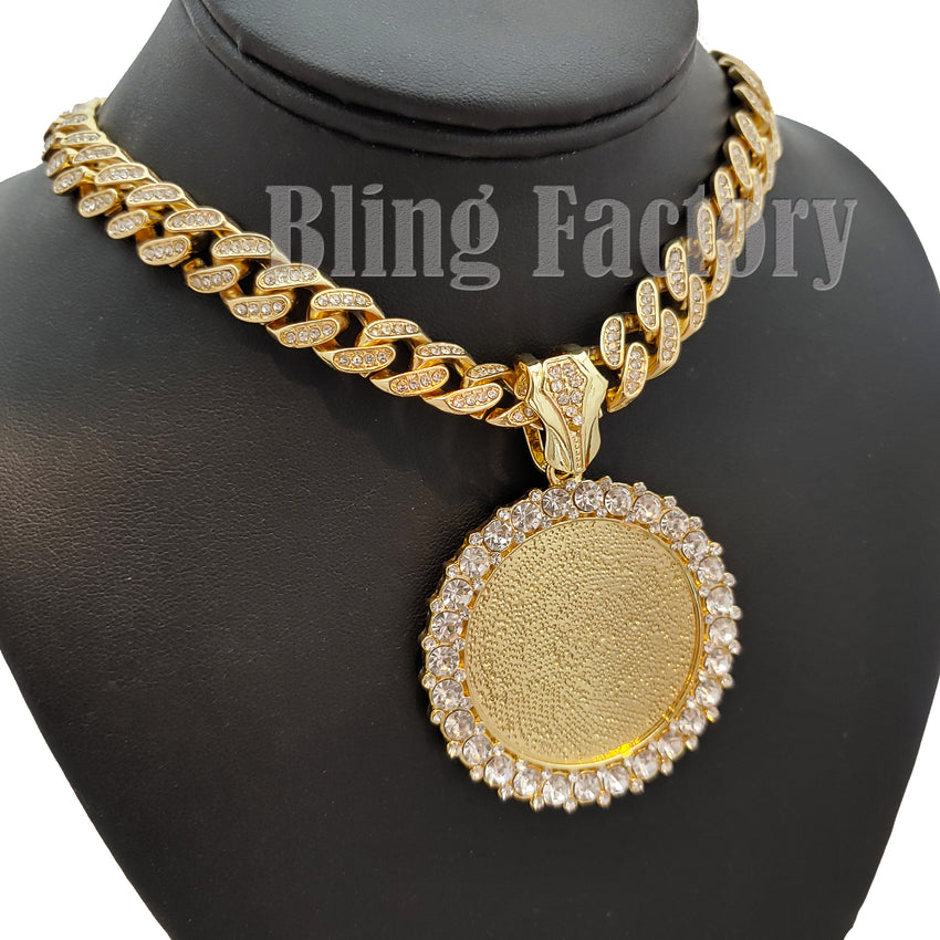 Hip Hop Gold PT Picture Frame Pendant & 12mm 18" Iced Box Lock Cuban Chain Necklace