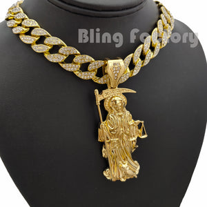 Hip Hop Gold PT Saint Death Santa Muerte Pendant & 16