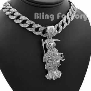 Hip Hop White Gold PT Saint Death Santa Muerte Pendant & 16