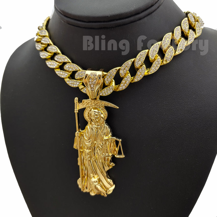 Hip Hop Gold PT Saint Death Santa Muerte Pendant & 16" 18" 20" Iced Cuban Choker Chain Necklace