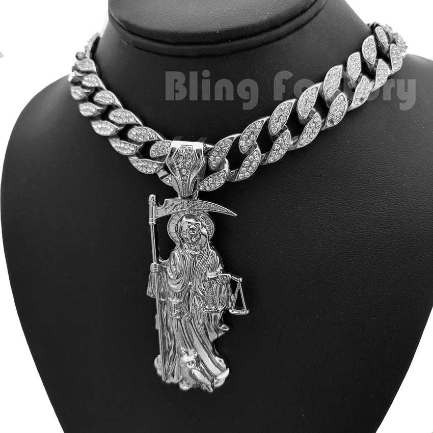 Hip Hop White Gold PT Saint Death Santa Muerte Pendant & 16" 18" 20" Iced Cuban Choker Chain Necklace