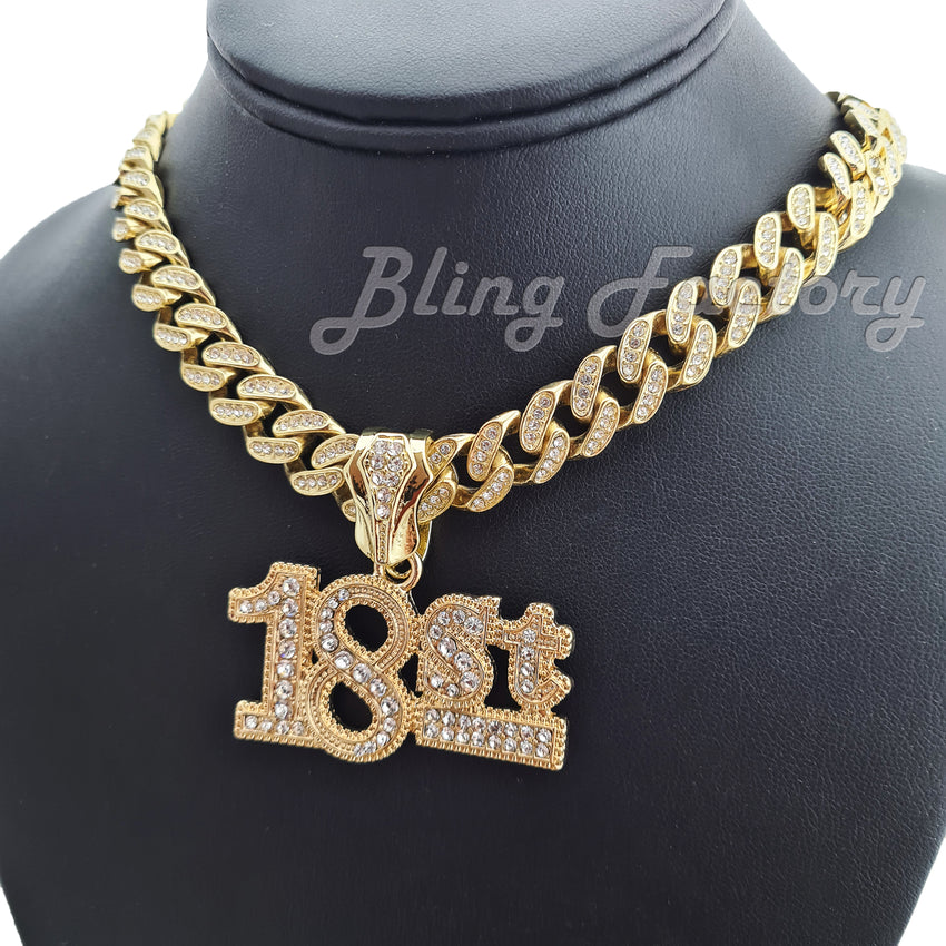 Hip Hop Iced Gold Plated Mick Mill 18ST Pendant & 12mm 16" 18" 20" 24" Iced Cuban Box Lock Chain Necklace