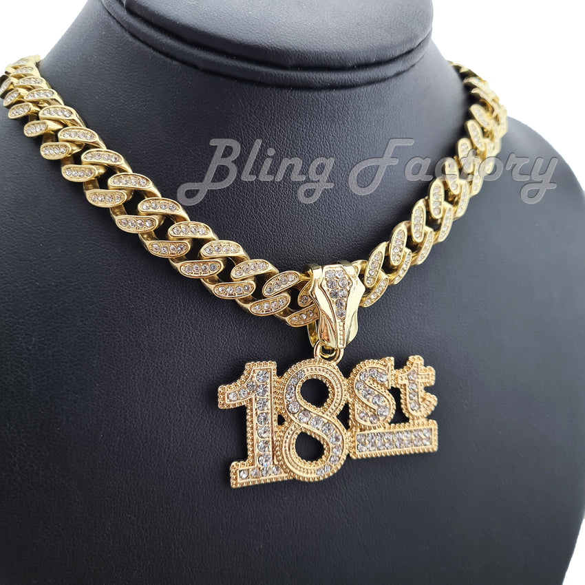 Hip Hop Iced Gold Plated Mick Mill 18ST Pendant & 12mm 16" 18" 20" 24" Iced Cuban Box Lock Chain Necklace