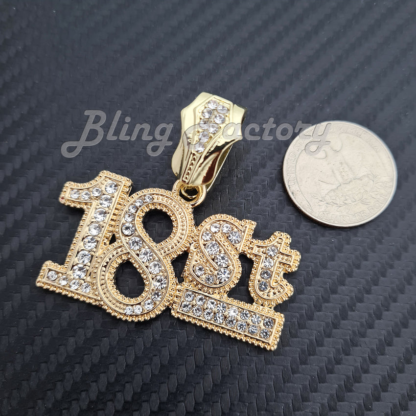 Hip Hop Iced Gold Plated Mick Mill 18ST Pendant & 12mm 16" 18" 20" 24" Iced Cuban Box Lock Chain Necklace