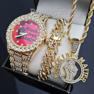 HIP HOP GOLD PT BLACK LIVES MATTER BLING WATCH & ICED CUBAN BRACELET & NECKLACE