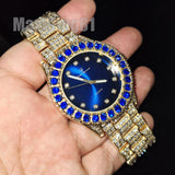 Men's Hip Hop Iced Blue Dial Gold PT Migos Bling BIG CZ Stone Wrist Watch