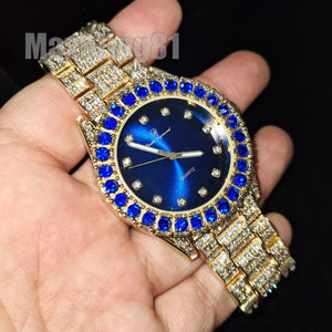 Men's Hip Hop Iced Blue Dial Gold PT Migos Bling BIG CZ Stone Wrist Watch