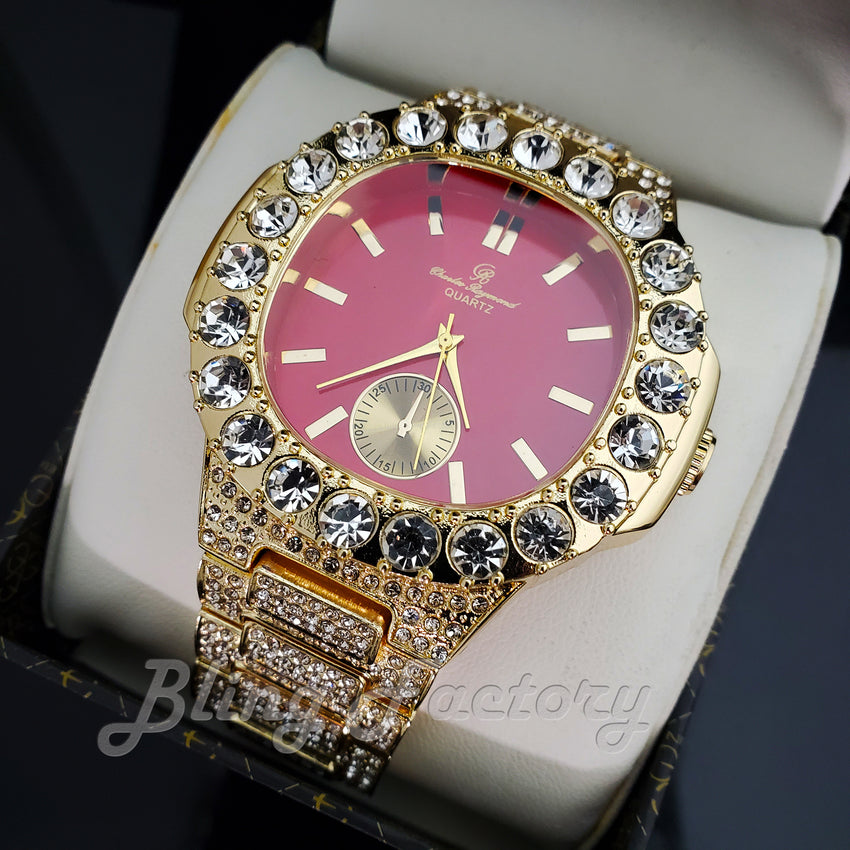 HIP HOP GOLD PT LUXURY RED DIAL WATCH & ICED CUBAN BOX LOCK BRACELET SET