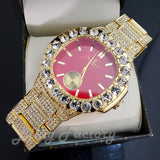 HIP HOP GOLD PT LUXURY RED DIAL WATCH & ICED CUBAN BOX LOCK BRACELET SET