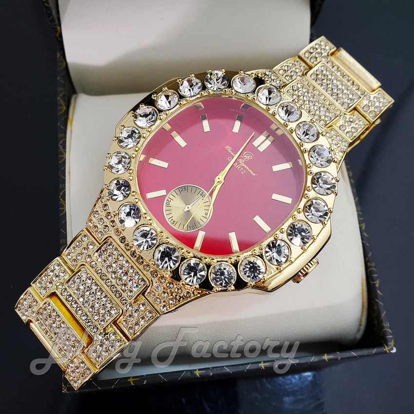 Men's Luxury Hip Hop Gold finished Designer Style Red Dial Rapper's Big CZ Bezel Watch