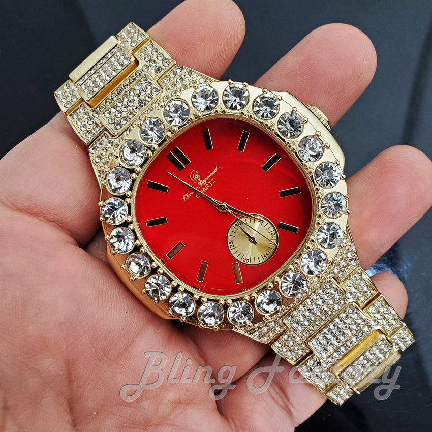 HIP HOP GOLD PT LUXURY RED DIAL WATCH & ICED CUBAN BOX LOCK BRACELET SET