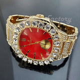 HIP HOP GOLD PT LUXURY RED DIAL WATCH & ICED LINK BOX LOCK BRACELET SET