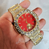 Men's Luxury Hip Hop Gold finished Designer Style Red Dial Rapper's Big CZ Bezel Watch