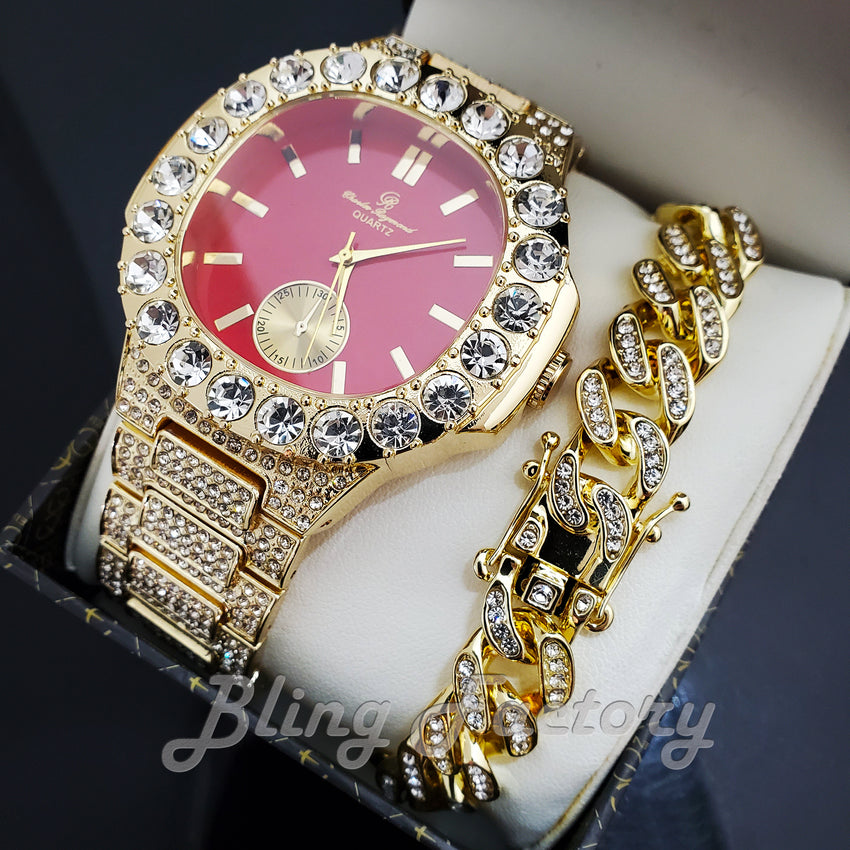 HIP HOP GOLD PT LUXURY RED DIAL WATCH & ICED CUBAN BOX LOCK BRACELET SET