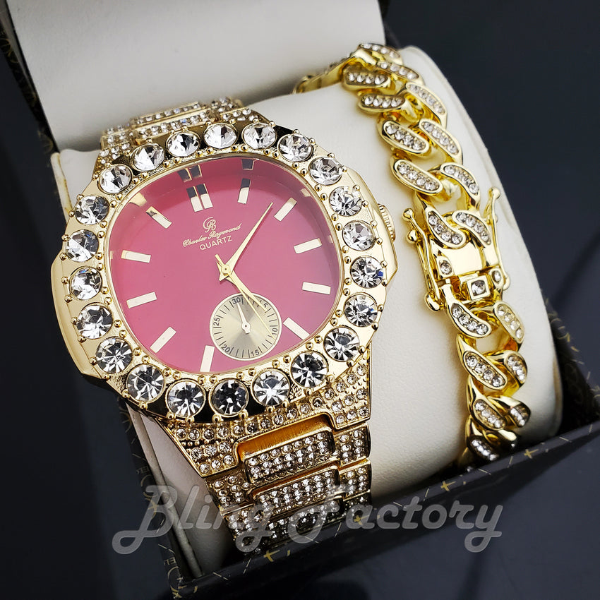 HIP HOP GOLD PT LUXURY RED DIAL WATCH & ICED CUBAN BOX LOCK BRACELET SET