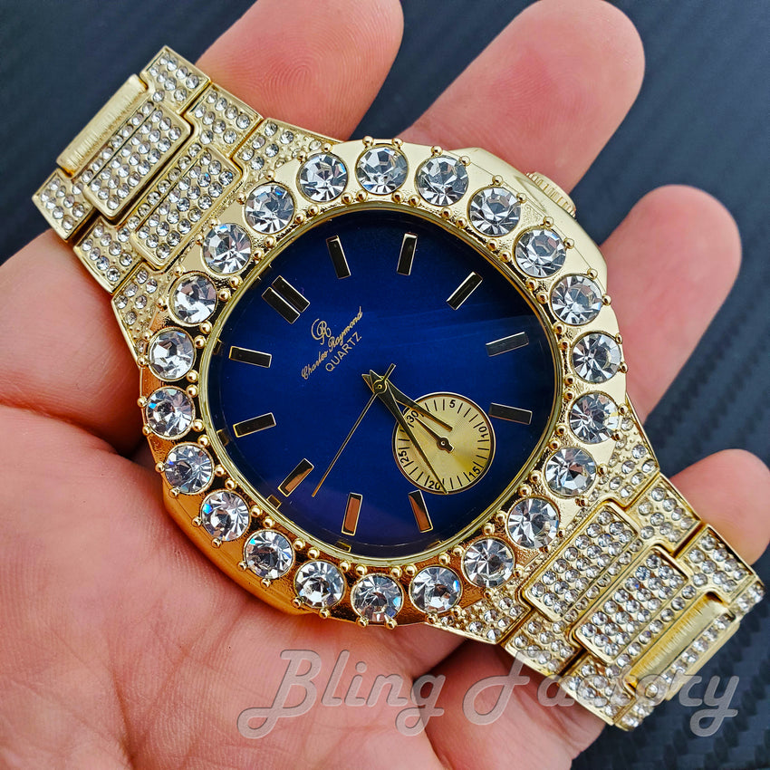 Men's Luxury Hip Hop Gold finished Designer Style Blue Dial Rapper's Big CZ Bezel Watch