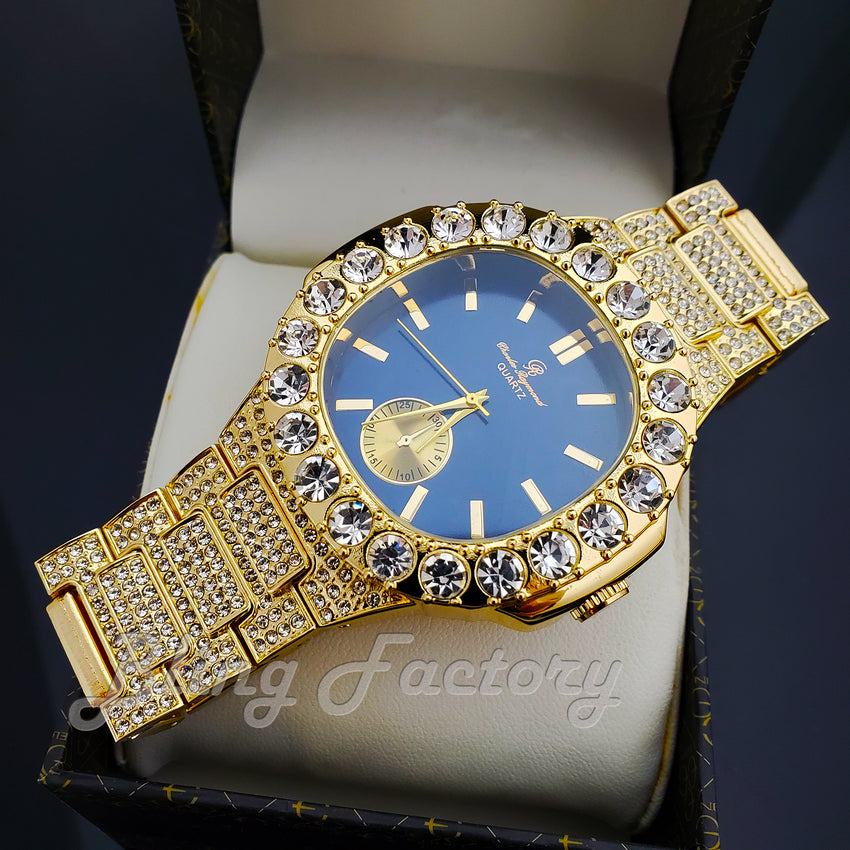 Men's Luxury Hip Hop Gold finished Designer Style Blue Dial Rapper's Big CZ Bezel Watch