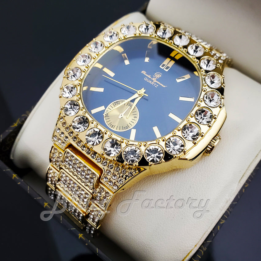 Men's Luxury Hip Hop Gold finished Designer Style Blue Dial Rapper's Big CZ Bezel Watch