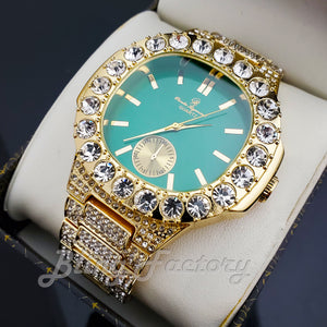 Men's Luxury Hip Hop Gold finished Designer Style Green Dial Rapper's Big CZ Bezel Watch