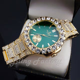 HIP HOP GOLD PT LUXURY GREEN DIAL WATCH & ICED CUBAN BOX LOCK BRACELET SET