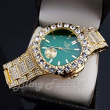 Men's Luxury Hip Hop Gold finished Designer Style Green Dial Rapper's Big CZ Bezel Watch