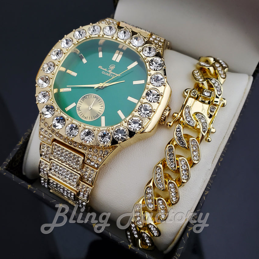 HIP HOP GOLD PT LUXURY GREEN DIAL WATCH & ICED CUBAN BOX LOCK BRACELET SET