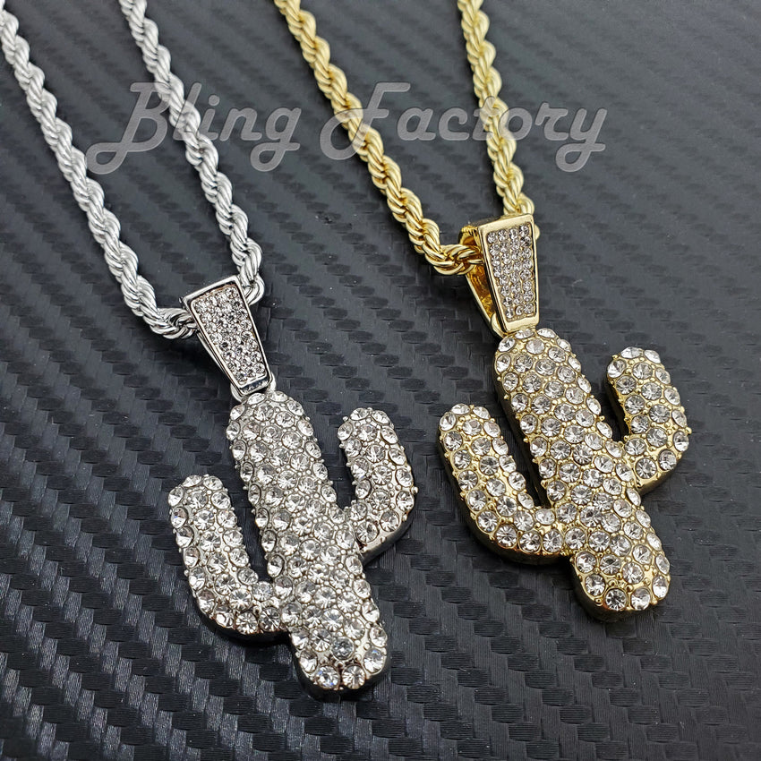 Hip Hop Iced Cactus Pendant & 4mm 24" Rope Chain Fashion Bling Necklace
