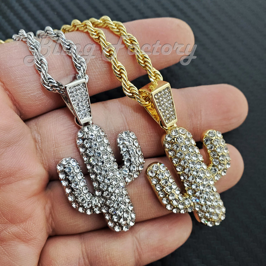 Hip Hop Iced Cactus Pendant & 4mm 24" Rope Chain Fashion Bling Necklace