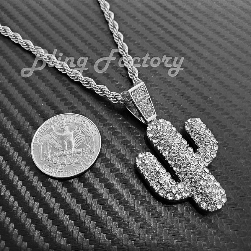 Hip Hop Iced Cactus Pendant & 4mm 24" Rope Chain Fashion Bling Necklace