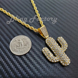 Hip Hop Iced Cactus Pendant & 4mm 24" Rope Chain Fashion Bling Necklace