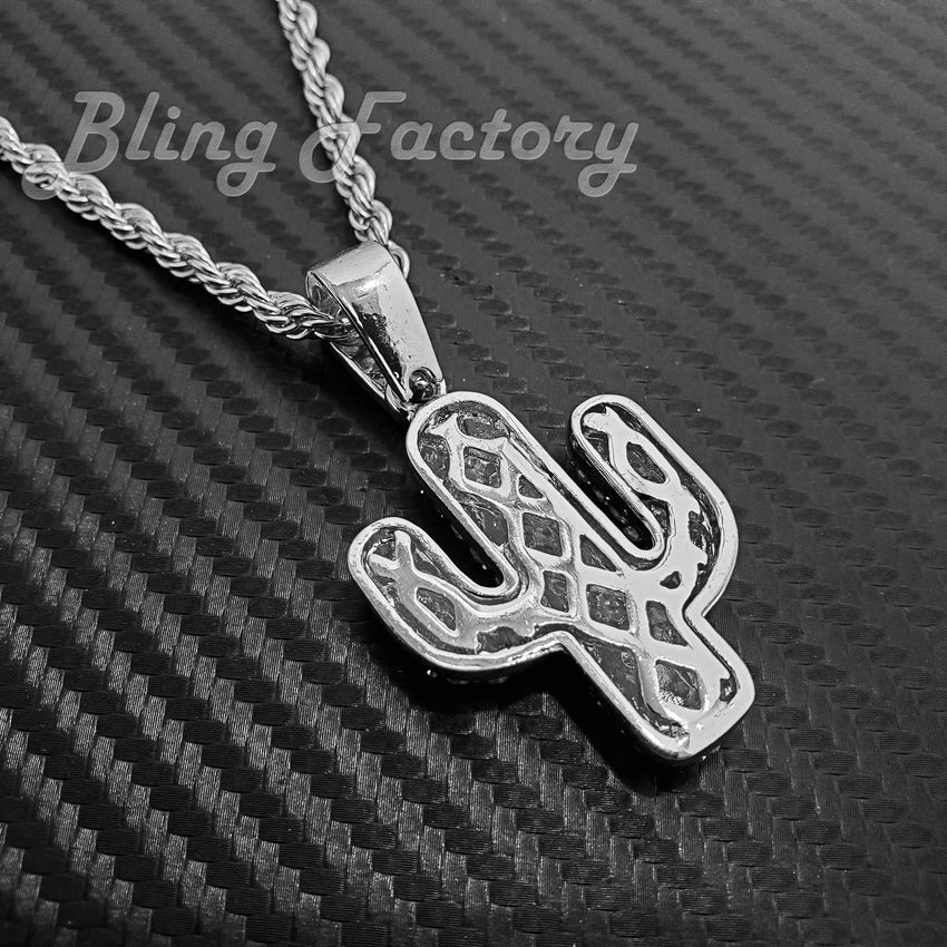 Hip Hop Iced Cactus Pendant & 4mm 24" Rope Chain Fashion Bling Necklace