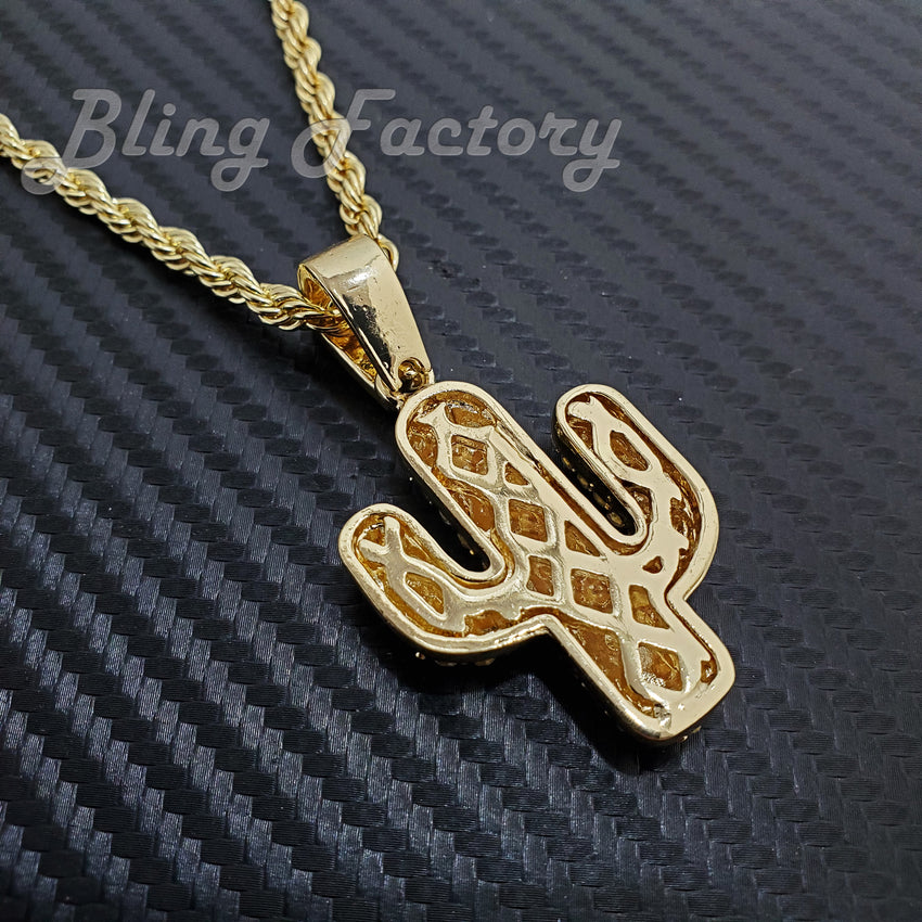 Hip Hop Iced Cactus Pendant & 4mm 24" Rope Chain Fashion Bling Necklace