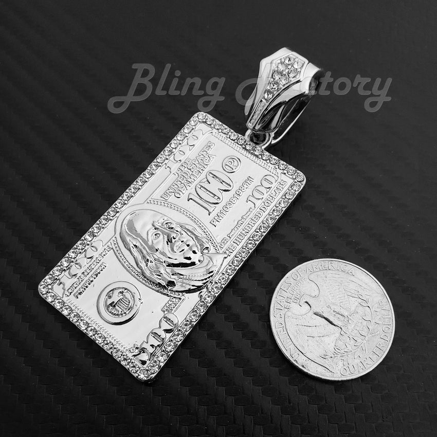 White Gold Plated $100 Dollar Bill Benjamin pendant & 16" 18" 20" Iced Box Lock Cuban Choker Chain Hip Hop Necklace