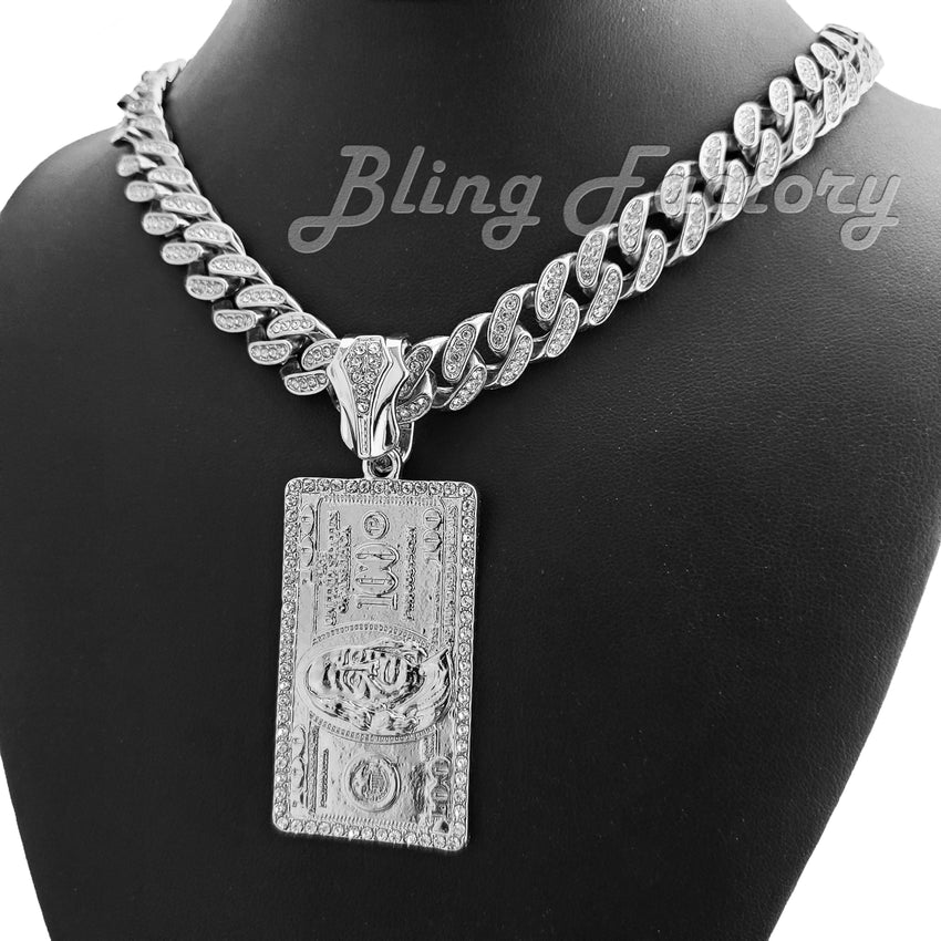 White Gold Plated $100 Dollar Bill Benjamin pendant & 16" 18" 20" Iced Box Lock Cuban Choker Chain Hip Hop Necklace