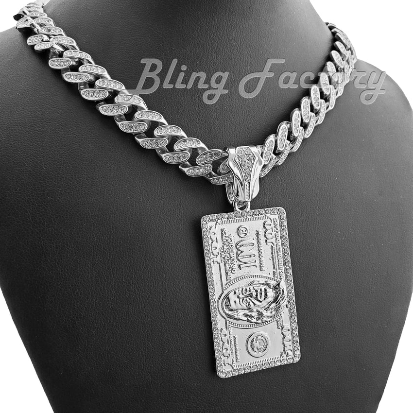 White Gold Plated $100 Dollar Bill Benjamin pendant & 16" 18" 20" Iced Box Lock Cuban Choker Chain Hip Hop Necklace