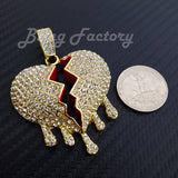 Gold Plated Broken Heart Drip Pendant & 12mm 16" ~ 24" Iced Cuban Box Lock Chain Necklace