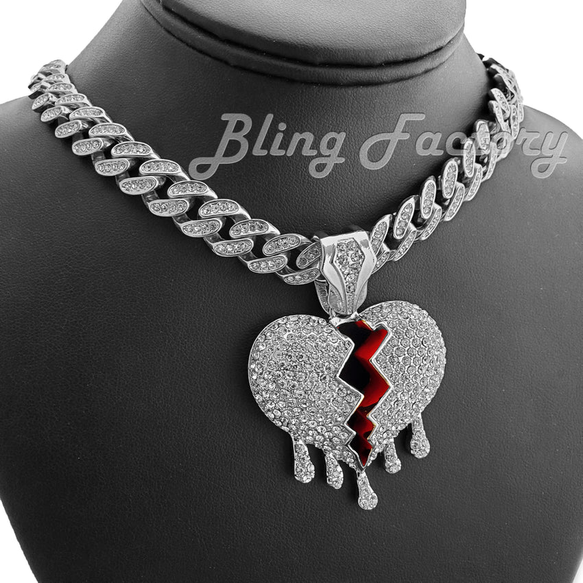 White Gold Plated Broken Heart Drip Pendant & 12mm 16" ~ 24" Iced Cuban Box Lock Chain Necklace