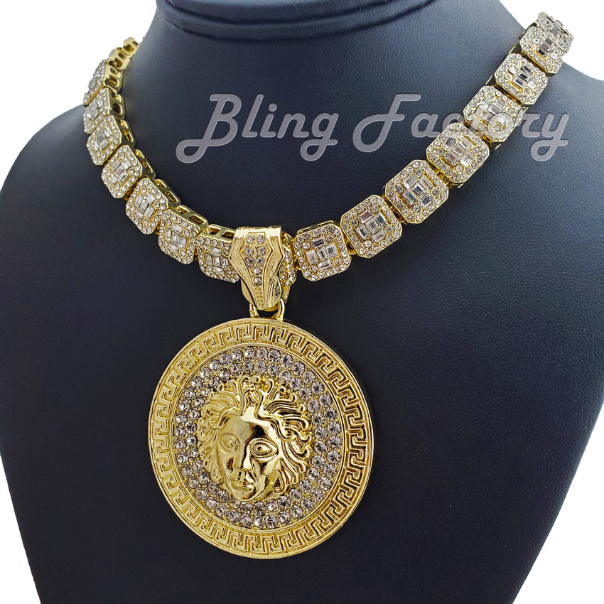 Gold Plated Medusa Medal Pendant & 12mm 16" 18" Full Iced Baguette Choker Chain Necklace