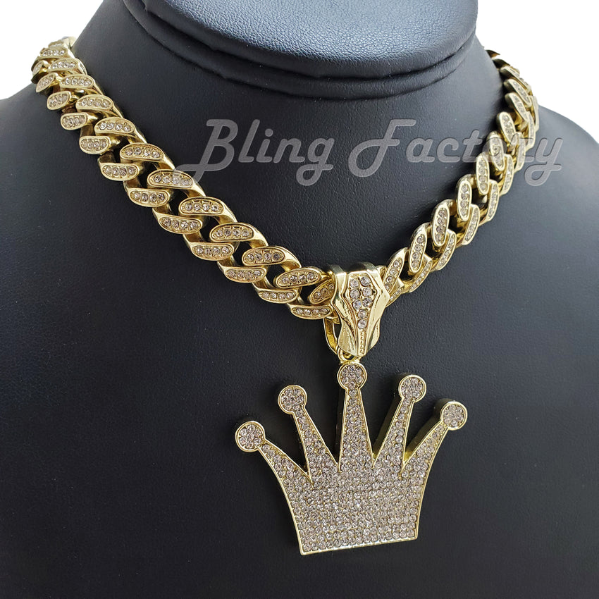 Iced Gold Plated KING Crown Pendant pendant & 12mm 16" 18" 20" 24" Iced Box Lock Cuban Choker Chain Hip Hop Necklace