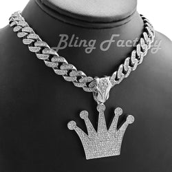 Iced White Gold Plated KING Crown Pendant pendant & 12mm 16