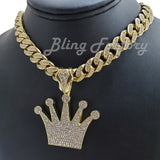 Iced Gold Plated KING Crown Pendant pendant & 12mm 16" 18" 20" 24" Iced Box Lock Cuban Choker Chain Hip Hop Necklace