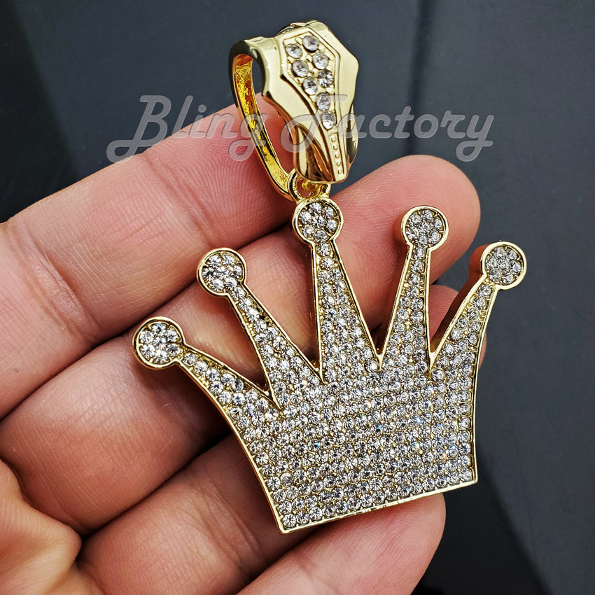 Iced Gold Plated KING Crown Pendant pendant & 12mm 16" 18" 20" 24" Iced Box Lock Cuban Choker Chain Hip Hop Necklace