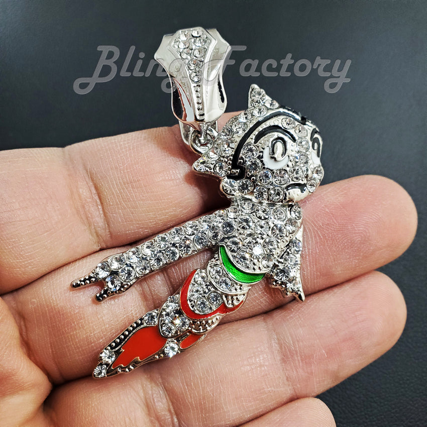 Silver Plated Astro Boy Bling Pendant & 16" 18" 20" 24" Iced Cuban Box Lock Chain Necklace