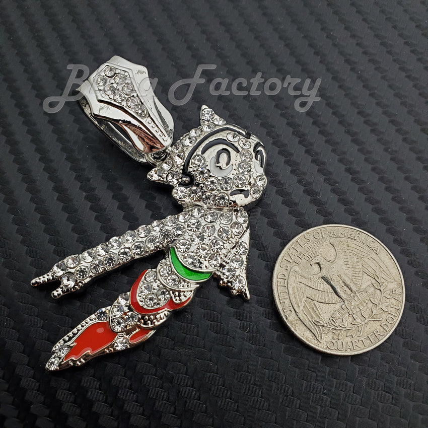 Silver Plated Astro Boy Bling Pendant & 16" 18" 20" 24" Iced Cuban Box Lock Chain Necklace