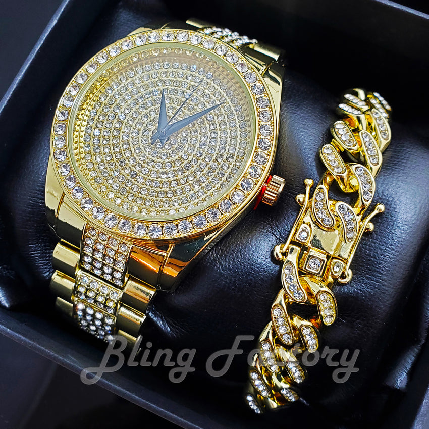 MEN HIP HOP GOLD PT LUXURY LAB DIAMOND WATCH & ICED CUBAN BOX LOCK BRACELET SET