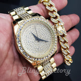 MEN HIP HOP GOLD PT LUXURY LAB DIAMOND WATCH & ICED CUBAN BOX LOCK BRACELET SET