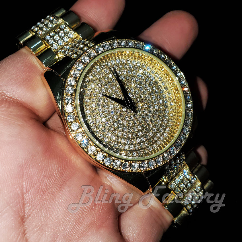 MEN HIP HOP GOLD PT LUXURY LAB DIAMOND WATCH & ICED CUBAN BOX LOCK BRACELET SET