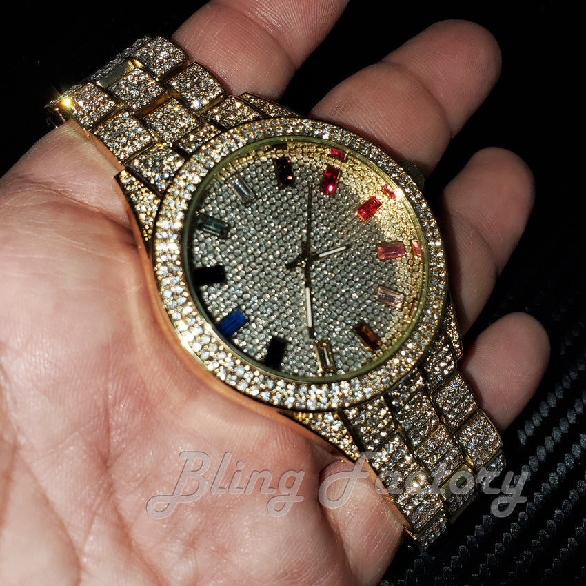 Men's Iced Luxury Multi Color Accent Bling Gold Tone Lab Diamond Bracelet Watch