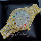 Men's Iced Luxury Multi Color Accent Bling Gold Tone Lab Diamond Bracelet Watch